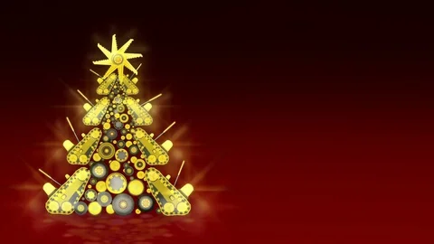Yellow Christmas tree build from ground works vehicles components on red bg. Vídeos de archivo 70806983