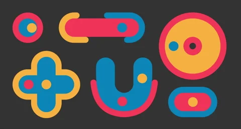 Yellow circle and blue cross on dark gray background. Multicolored balls Stock Footage 243457645