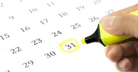 Yellow circle. mark on the calendar at 31. Stock Illustration