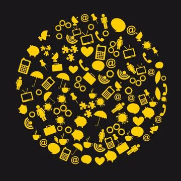 Yellow circle web icons,  isolated over black background.vector illustrator Stock Illustration