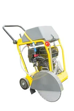 Yellow circular saw with adjustable depth control and two handles, against .. Photos