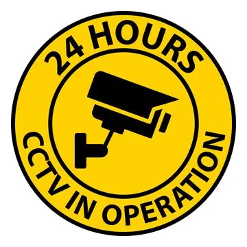 Yellow Circular Sign Indicating 24 Hours CCTV Surveillance in Operation Stock Illustration