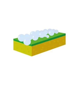 Yellow cleaning sponge with soap bubbles for washing and bathing. 스톡 일러스트