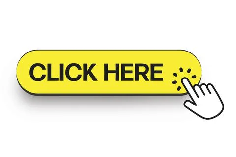 Yellow Click here button with hand pointer clicking icon bubble. Click here Illustrazione stock