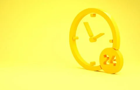 Yellow Clock 24 hours icon isolated on yellow background. All day cyclic icon Stock Illustration