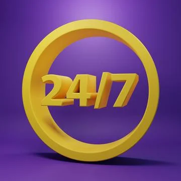 Yellow Clock 24 hours icon isolated on purple background. All day cyclic ic.. Illustrazione stock
