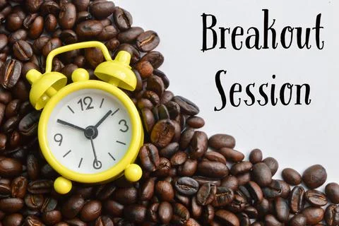 Yellow clock and coffee bean brown roasted with text BREAKOUT SESSION Stock Photos