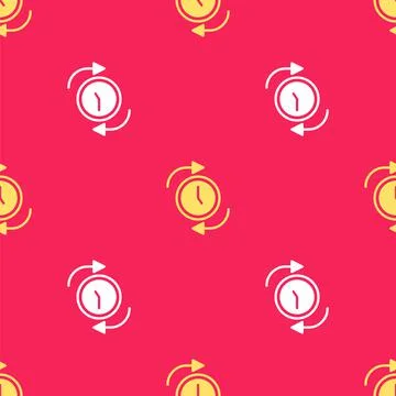 Yellow Clock with arrow icon isolated seamless pattern on red background. Time Stock Illustration