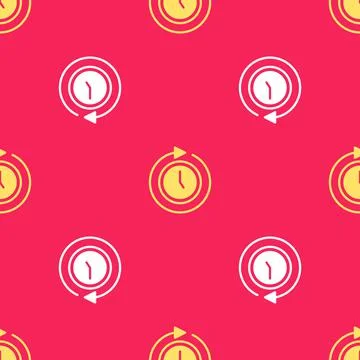 Yellow Clock with arrow icon isolated seamless pattern on red background. Time Stock Illustration