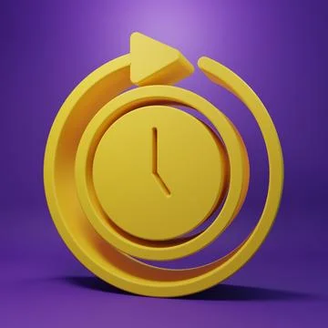Yellow Clock with arrow icon isolated on purple background. Time symbol. Cl.. イラスト素材
