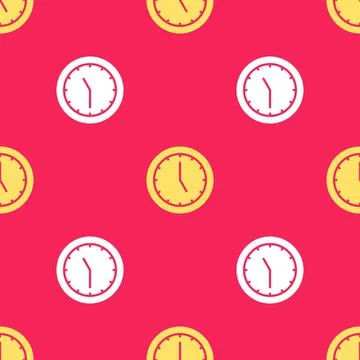 Yellow Clock icon isolated seamless pattern on red background. Time symbol Illustrazione stock