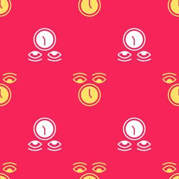 Yellow Clock icon isolated seamless pattern on red background. Time symbol Stock Illustration