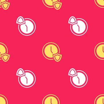 Yellow Clock with shield icon isolated seamless pattern on red background Illustrazione stock