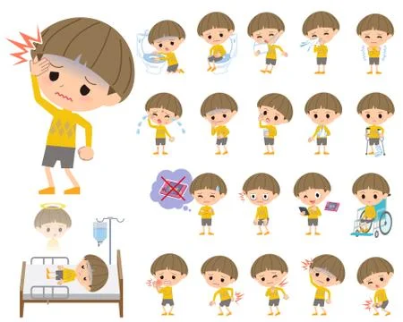 Yellow clothes Bobbed boy About the sickness Illustrazione stock