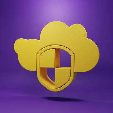 Yellow Cloud and shield icon isolated on purple background. Cloud storage d.. 스톡 일러스트