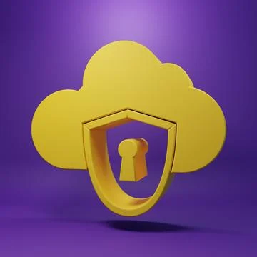 Yellow Cloud and shield icon isolated on purple background. Cloud storage d.. Stock Photos