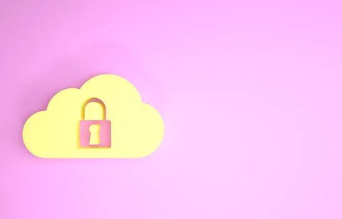 Yellow Cloud computing lock icon isolated on pink background. Security, safet 库存插图