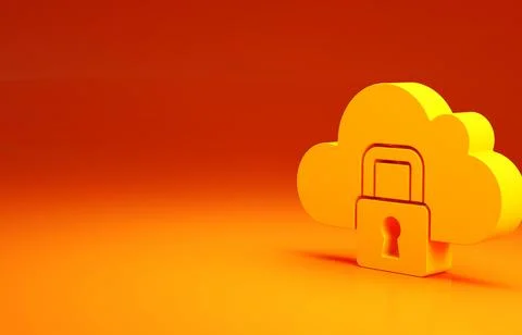 Yellow Cloud computing lock icon isolated on orange background. Security, saf 스톡 일러스트