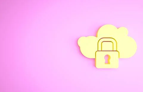 Yellow Cloud computing lock icon isolated on pink background. Security, safet Stock Illustration