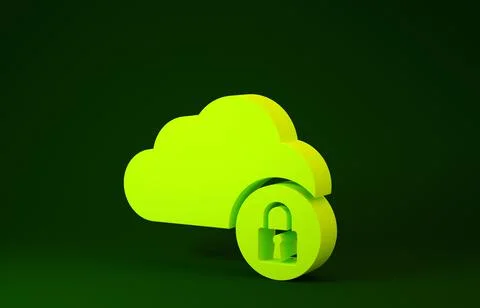 Yellow Cloud computing lock icon isolated on green background. Security, safe Stock Illustration