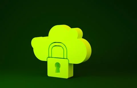 Yellow Cloud computing lock icon isolated on green background. Security, safe Stock Illustration