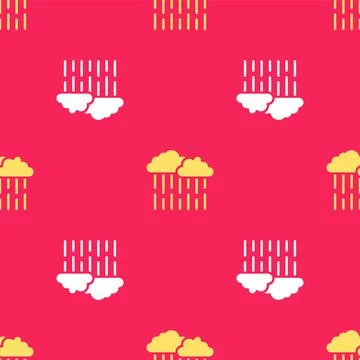 Yellow Cloud with rain icon isolated seamless pattern on red background. Rain Illustrazione stock