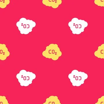 Yellow CO2 emissions in cloud icon isolated seamless pattern on red background Stock Illustration