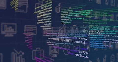 Yellow code block appearing over icon grid initiating rotating panels Stock Footage 318260478