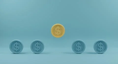 Yellow coin standing out from crowd of identical blue fellows on light blue b 库存插图