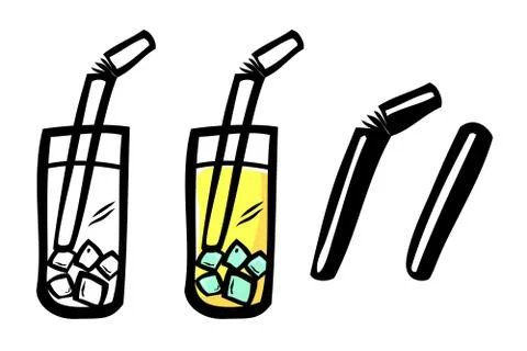 Yellow Cold Drink, Vector Simple Doodle Hand Draw Sketch Stock Illustration