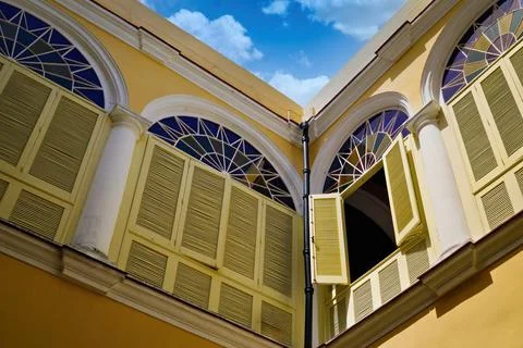 Yellow Colonial Architecture Windows Stock Photos