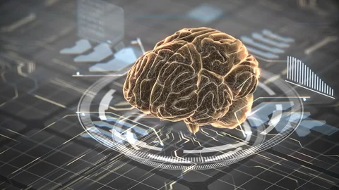 Yellow color brain animation in sci-fi style. Big data flow analysis, deep Stock Footage 120607502