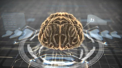 Yellow color brain animation in sci-fi style. Big data flow analysis, deep Video stock 120850446
