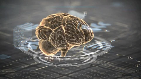 Yellow color brain animation in sci-fi style. Deep learning computer machine. AI Stock Footage 122127590
