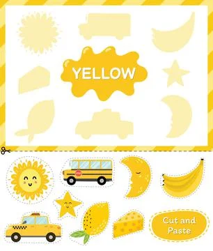 Yellow color. Cut the elements and match them with the right shadows. Learning Illustrazione stock