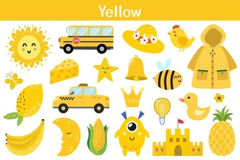 Yellow color objects set. Learning colors for kids. Cute elements collection Stock Illustration