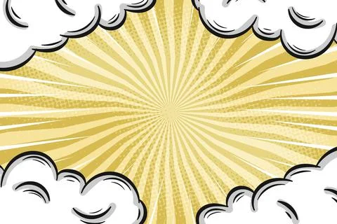 Yellow Comic Background with Clouds and Starburst Doodle illustration Stock Illustration