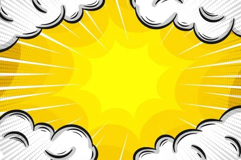 Yellow Comic Background with Clouds and Starburst Doodle Illustration Stock Illustration