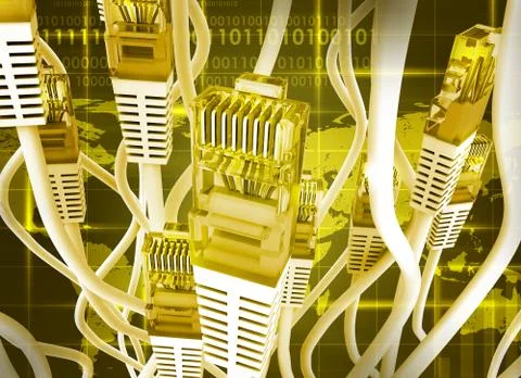 Yellow computer cables with world map Illustrazione stock