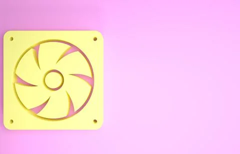 Yellow Computer cooler icon isolated on pink background. PC hardware fan. Min Illustrazione stock