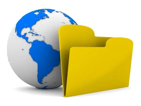 Yellow computer folder and globe on white background. Isolated 3d image Illustrazione stock
