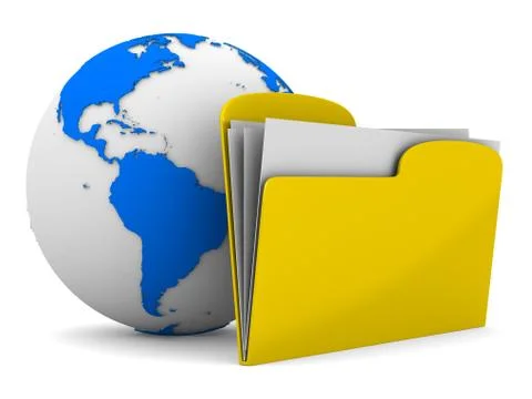 Yellow computer folder and globe on white background. Isolated 3d image 스톡 일러스트