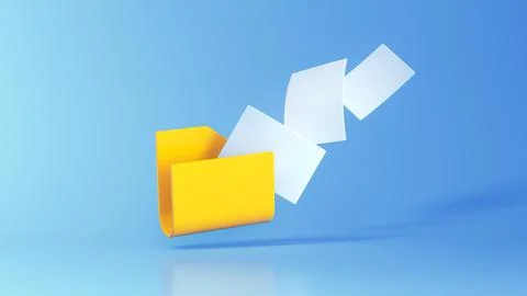 Yellow Computer Folder With Flying Blank Documents. Stock Illustration