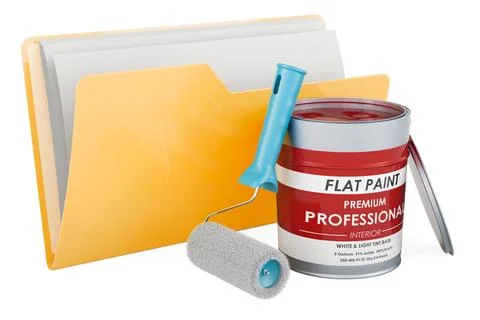 Yellow computer folder icon with paint can and roller brush, 3D rendering Stock Illustration