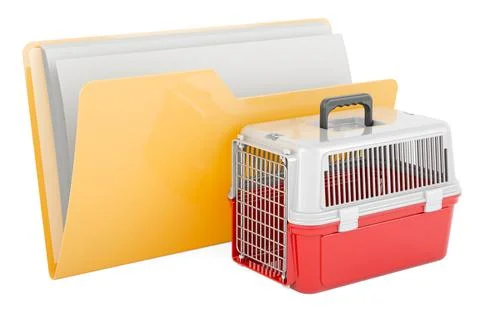 Yellow computer folder icon with pet travel plastic cage, 3D rendering 스톡 일러스트