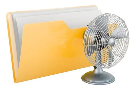 Yellow computer folder icon with table fan, 3D rendering Illustrazione stock