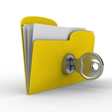 Yellow computer folder with key. Isolated 3d image Illustrazione stock