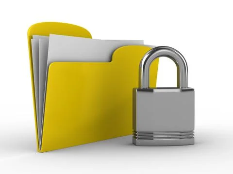 Yellow computer folder with lock. Isolated 3d image Illustrazione stock