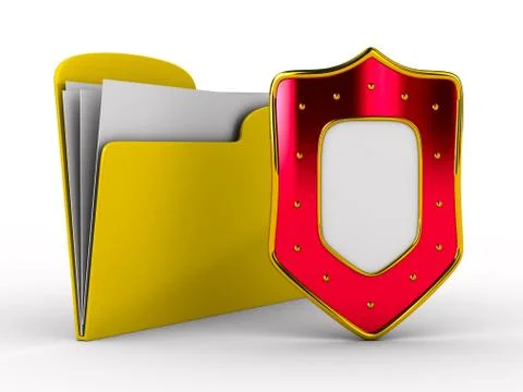Yellow computer folder with shield. Isolated 3d image Illustrazione stock