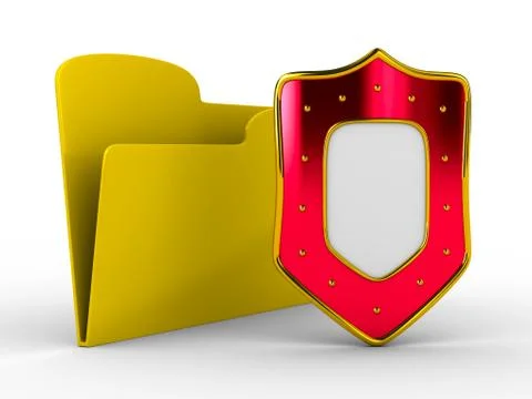Yellow computer folder with shield. Isolated 3d image Stock Illustration